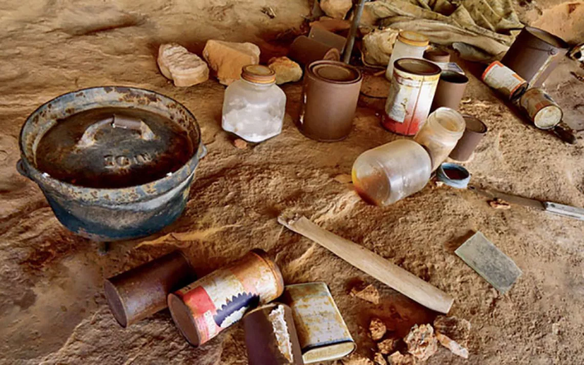 Everyday implements found in Grand Canyon alcoves speak of cowboy life on the range.