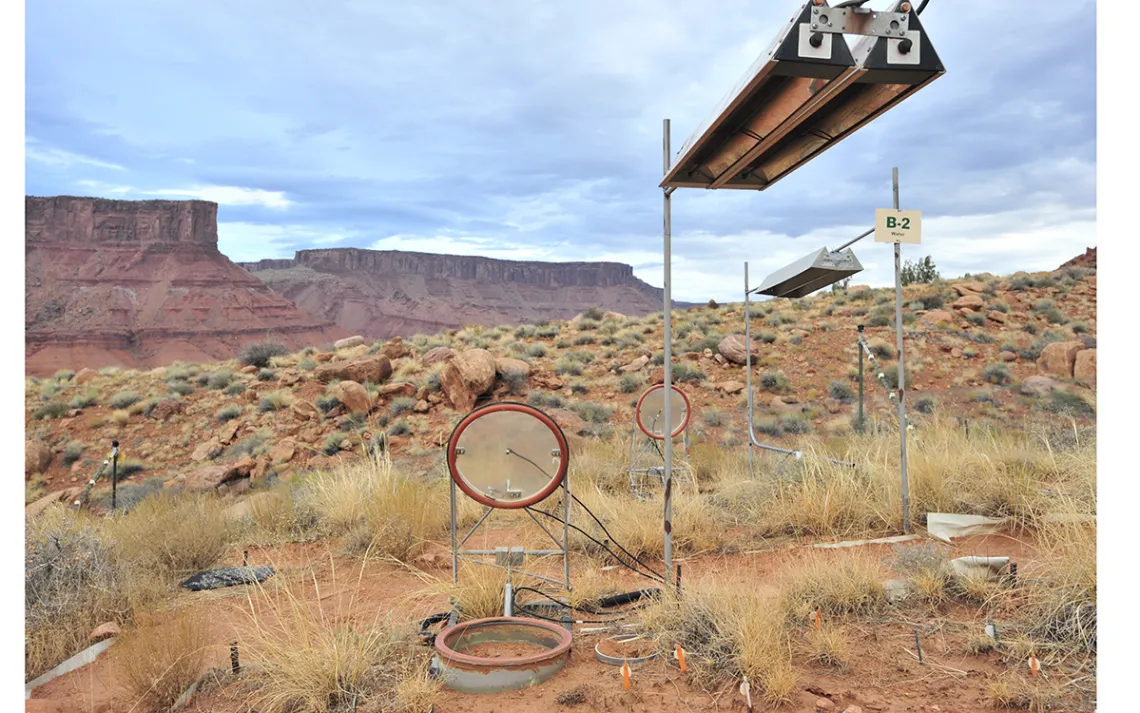 A desert landscape with red mesas in the background, and small terra-cotta circles around segments of the desert.