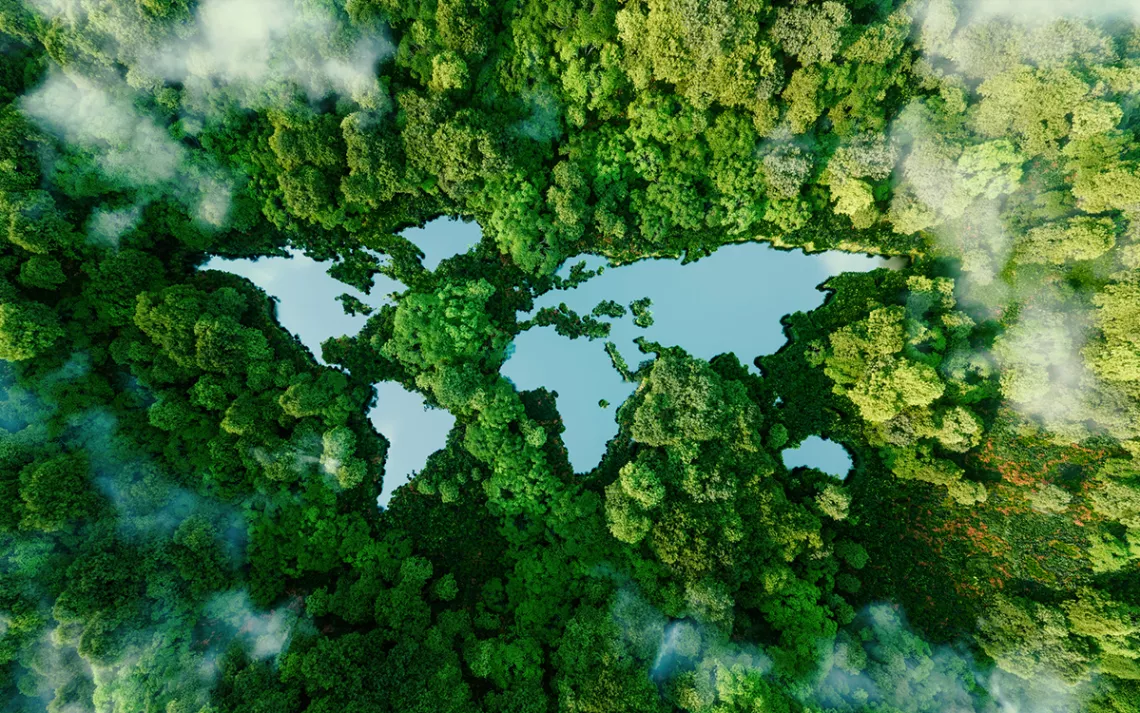 Computer-generated image of a map of the continents as seen from above. The continents are water and the rest are trees. 