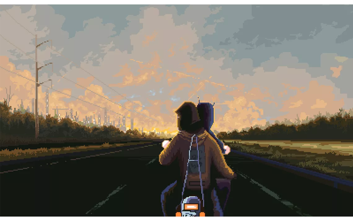 Pixelated illustration of two motorcyclists seen from behind, riding into a peach-blue sunset