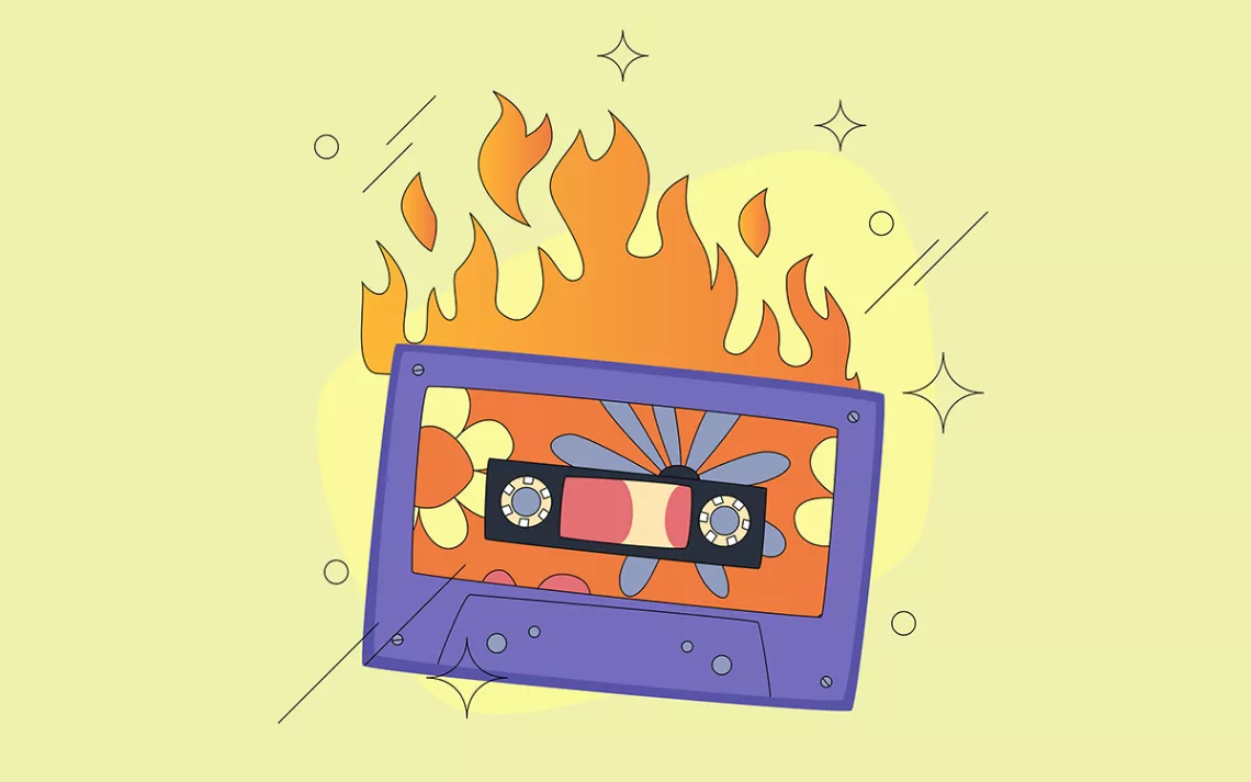 Illustration of a purple mixtape on fire against a light yellow background.