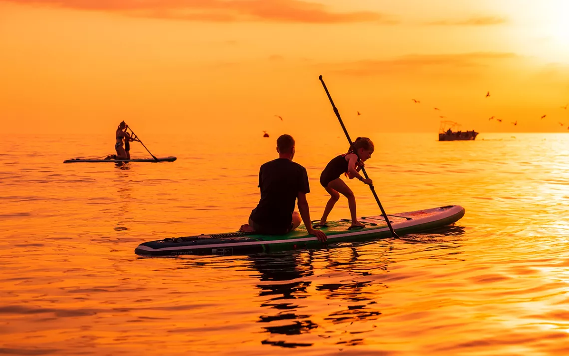 Paddleboarders silhouetted against an orange sky and sea. 