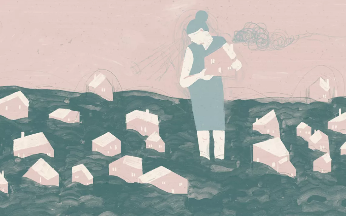 Illustration shows a woman standing in water picking up a house while other houses are being submerged.