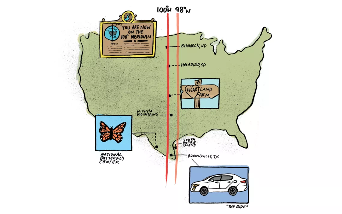 Cartoon illustration shows a map with the 100th meridian and stops along the way.