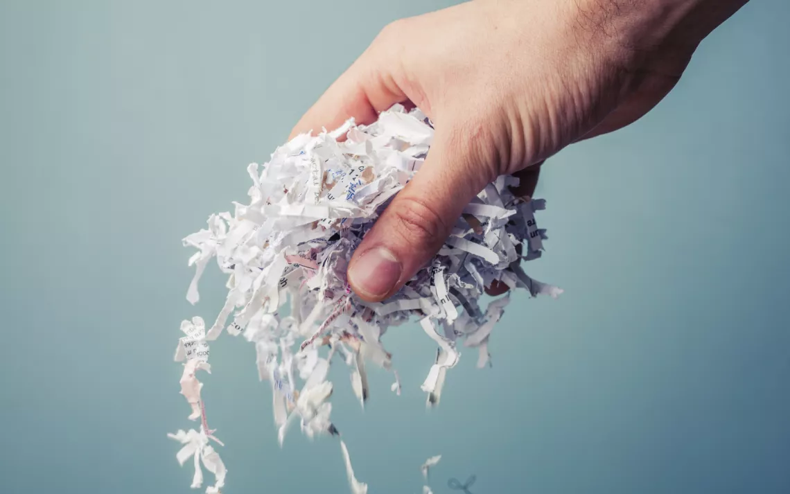 A hand holds shredded paper that can be composted.