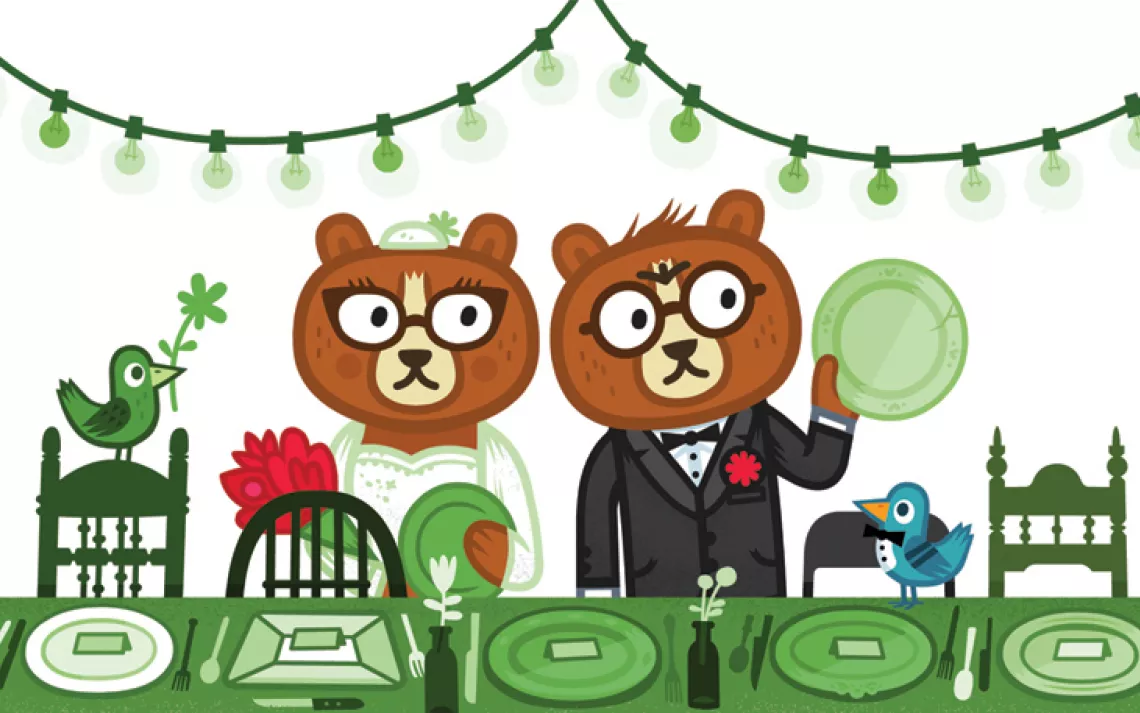 Using secondhand dinnerware and flatware is one way to cut down on waste at a wedding.