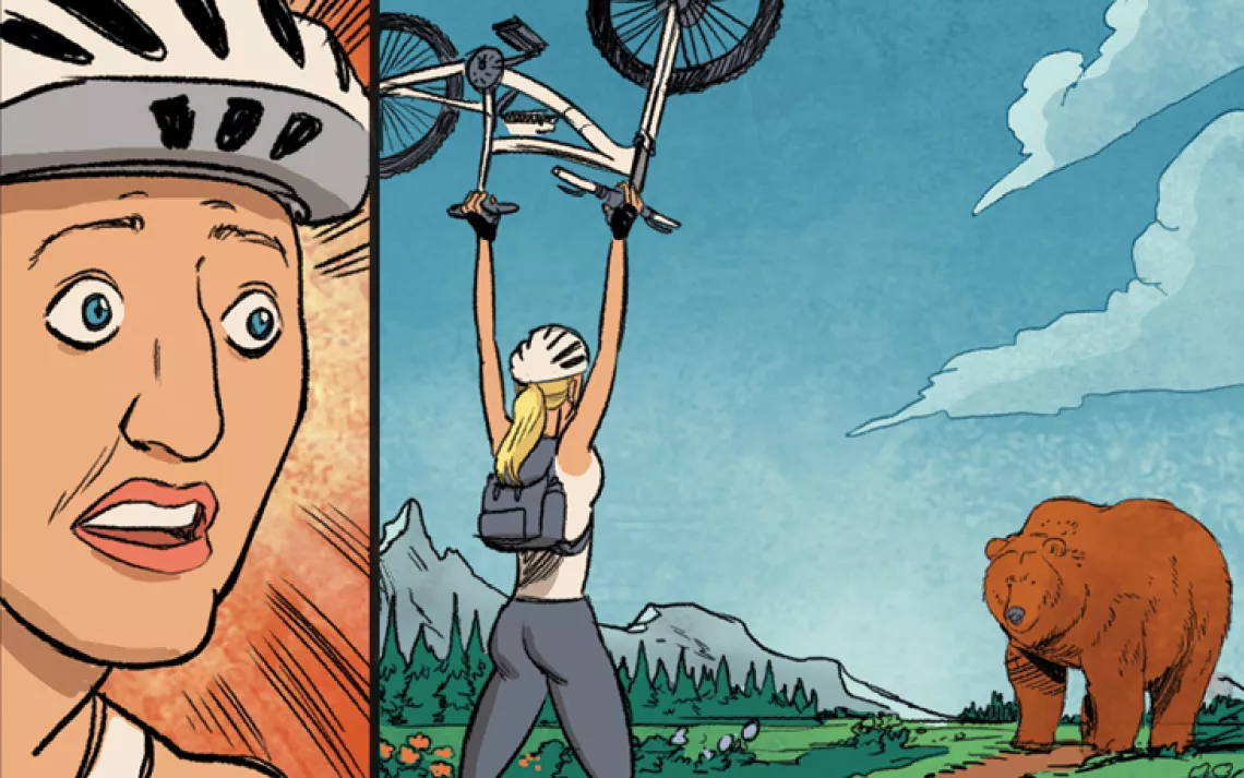 "You are in bear country," warned the Trail map in Alberta, Canada's Canmore Nordic Centre Provincial Park. "Make plenty of noise when approaching blind corners or dense Shrubs." That didn't stop me from biking through the mountains alone. I was lucky I d