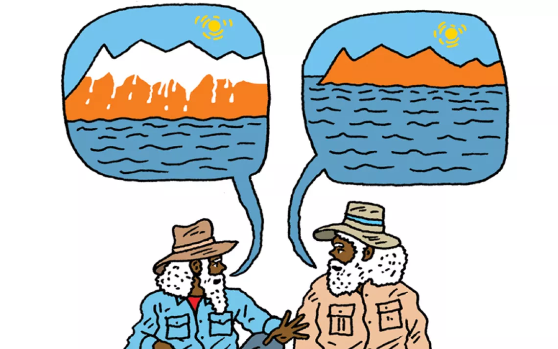 Illustration of two Aboriginal men sitting on a log talking about the rise of sea levels at the end of the last ice age. 