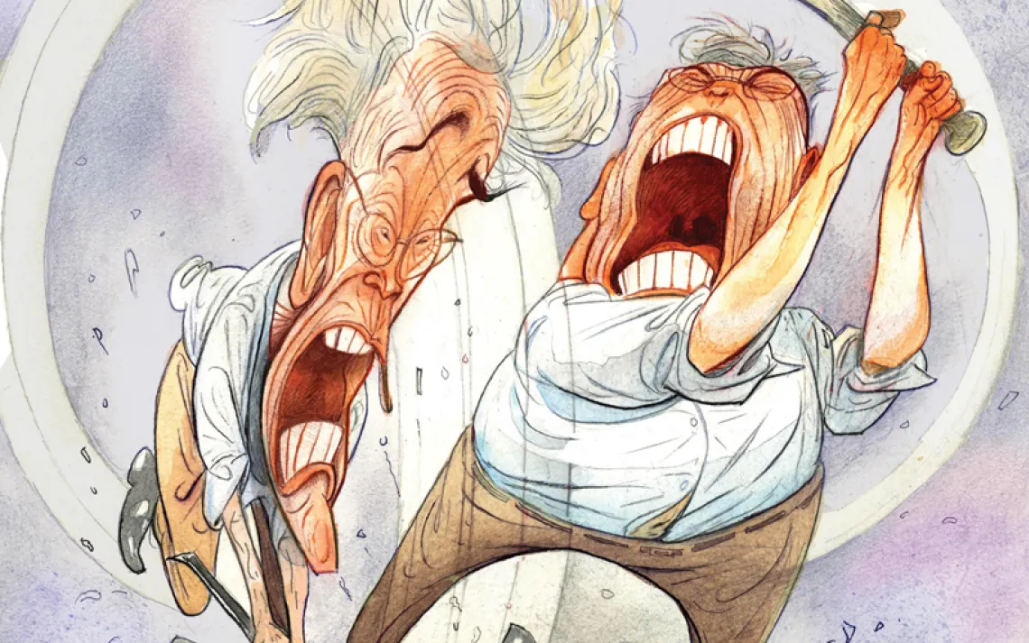 Illustration shows the Koch brothers bashing in an electric car with a crowbar and a baseball bat that says Wichita Slugger.