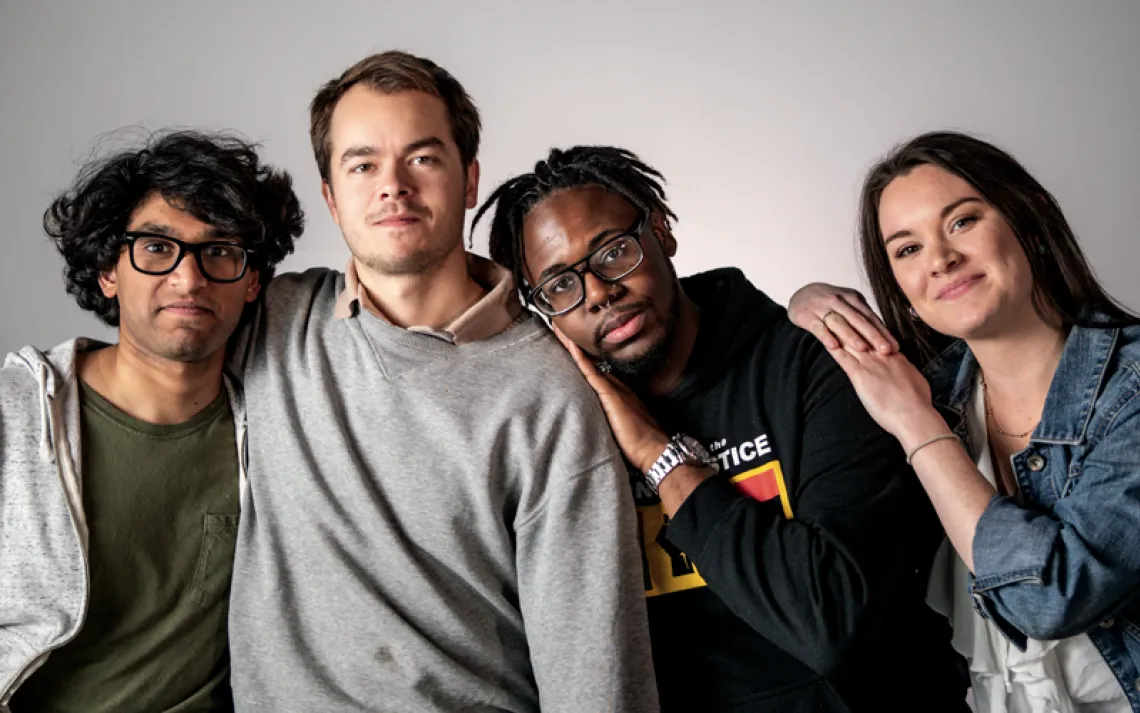 Group portrait of Nashville Sunrise Movement members Sudeep Ghantasala, Eli Motycka, MarTaze Gaines, and Lauren Hindman