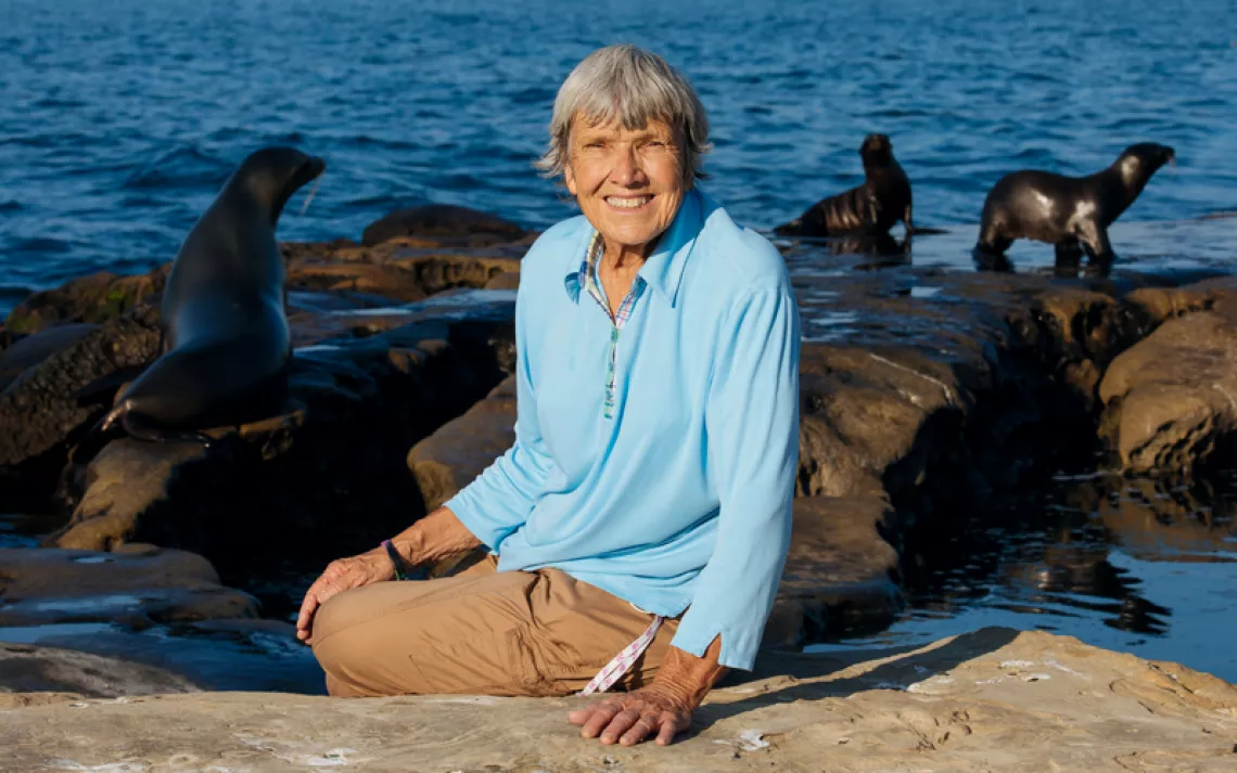 Ellen Shively sits on a rock by the ocean. Behind her are several seals.