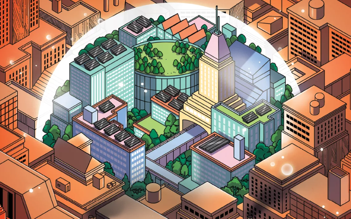 Illustration shows aerial shot of a cityscape. In the middle are sustainable buildings and green roofs and solar panels.