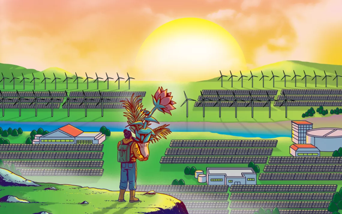 Illustration shows someone standing on a ledge, carrying a potted plant/vase of flowers and looking at a sunrise or sunset. Below are solar arrays and wind turbines.
