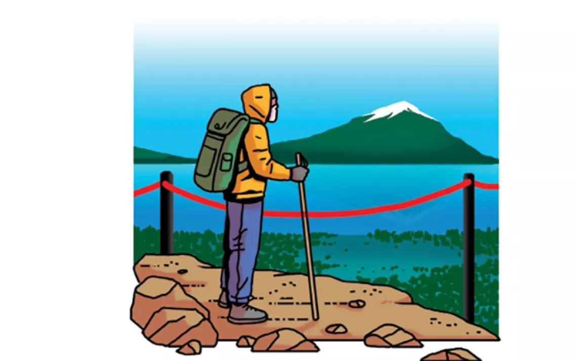 Illustration shows a hiker standing by a sectioned-off area, with a snowcapped mountain in the background.