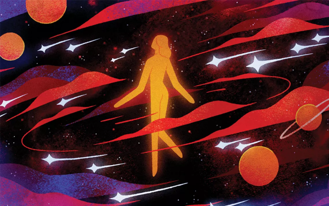 Illustration shows a woman from behind in bright light with stars and planets swirling around her.