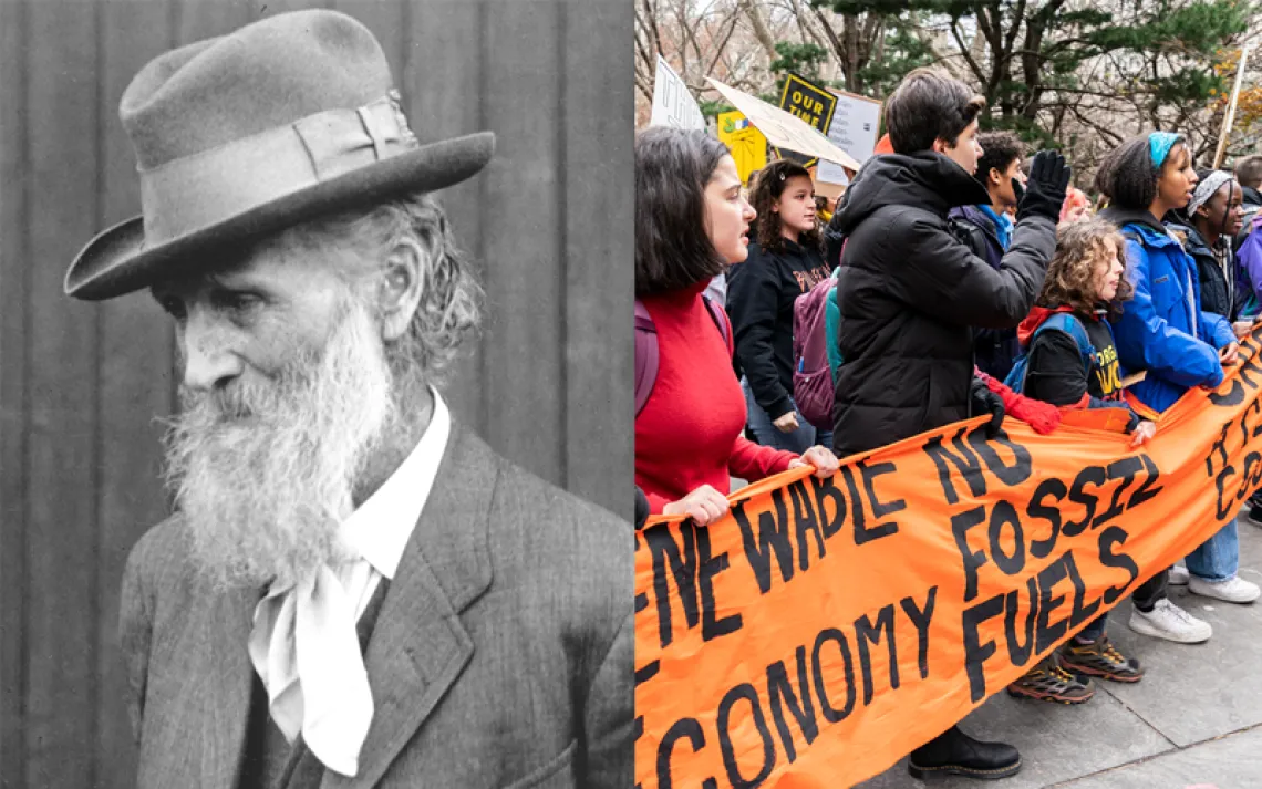 Close-up black-and-white photo of John Muir./ Young people are lined up and holding a bright-orange banner.