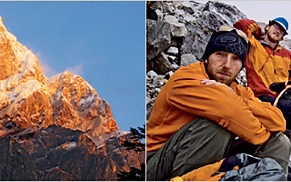 Left: As pre-trip inspiration, climber Micah Dash kept an image of Mt. Edgar's imposing eastern face on his computer desktop for a full year. Right: This photo of Dash (left) and Johnson was found in Copp's camera after the bodies were recovered.