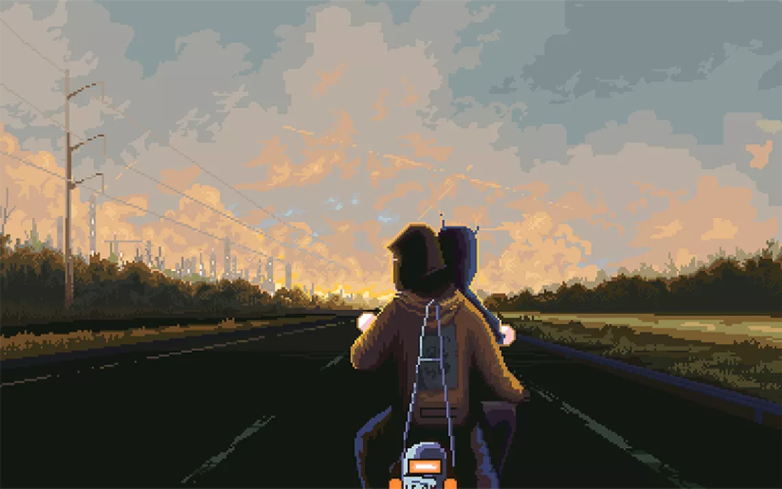 Pixelated illustration of two figures on a motorcycle riding into a peach-colored sunset.