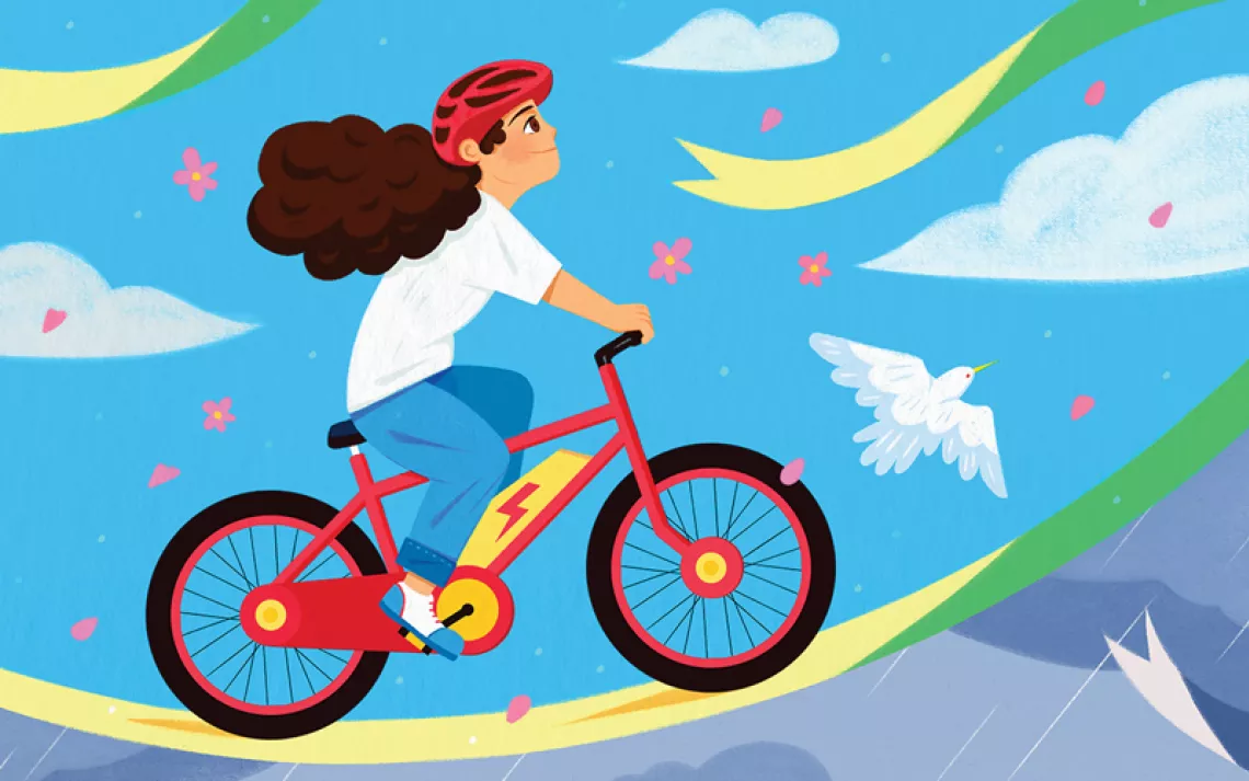 Illustration shows a bicyclist riding with blue sky and a bird, and underneath a bicyclist riding in traffic with gray sky.