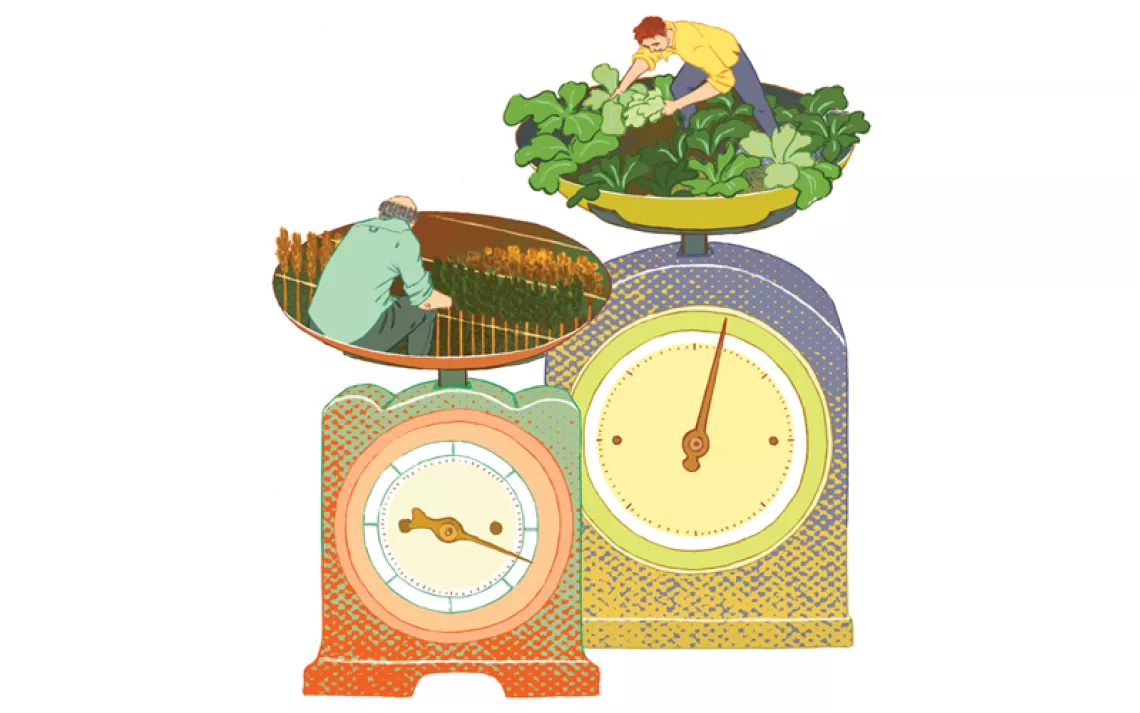 Illustration shows orange and yellow scales. On top of each, a farmer tends to crops.