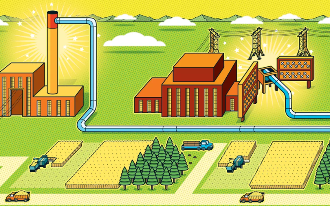 Illustration shows carbon capture technologies, pipelines, electrical towers, and crops being incorporated.