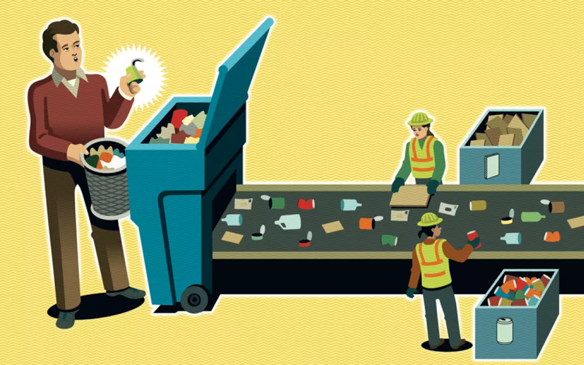 Illustration shows a man putting a plastic container in a blue bin. Attached is a conveyer belt with seven people pulling off various items and putting them in bins.