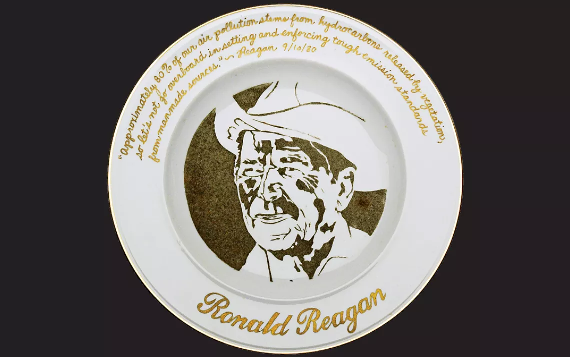 Kim Abeles's Presidential Commemorative Smog Plates (1991) depict American leaders darkened to the degree of pollution their administrations allowed into the air. Abeles left the plates outside, letting ambient particulate matter darken the ceramic under 