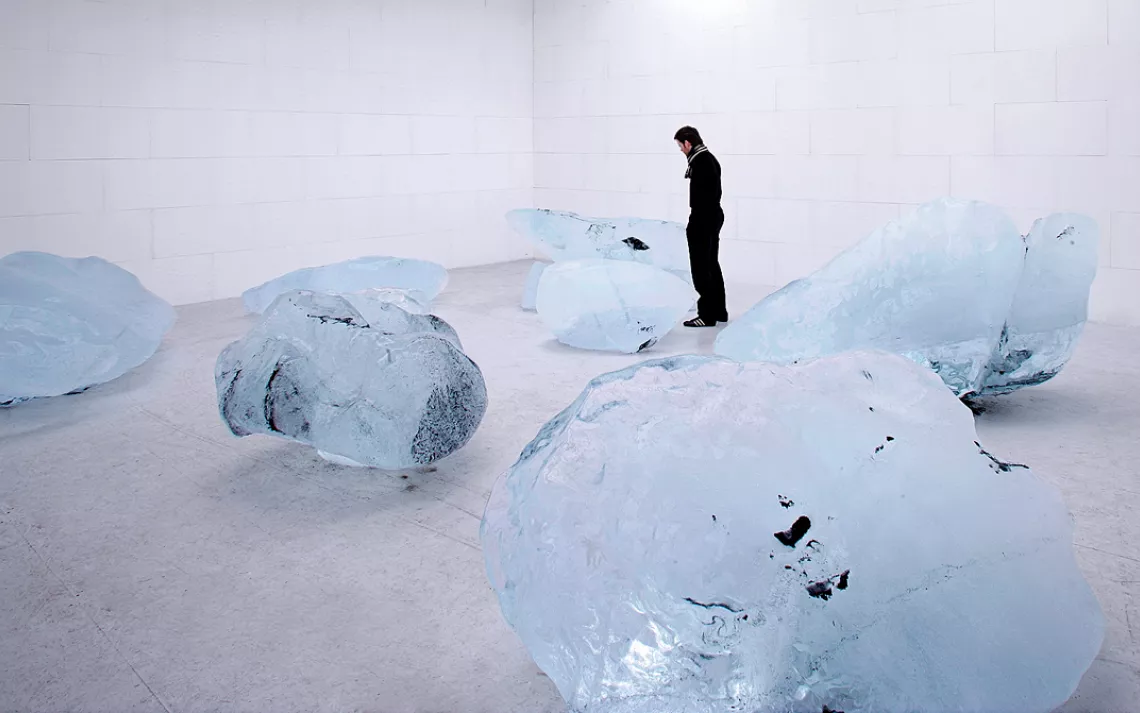 Olafur Eliasson's Your Waste of Time (2006) used six tons of ice from Iceland's Vatnajoekull glacier, plus Styrofoam and wood. A cooling system kept the installation intact.