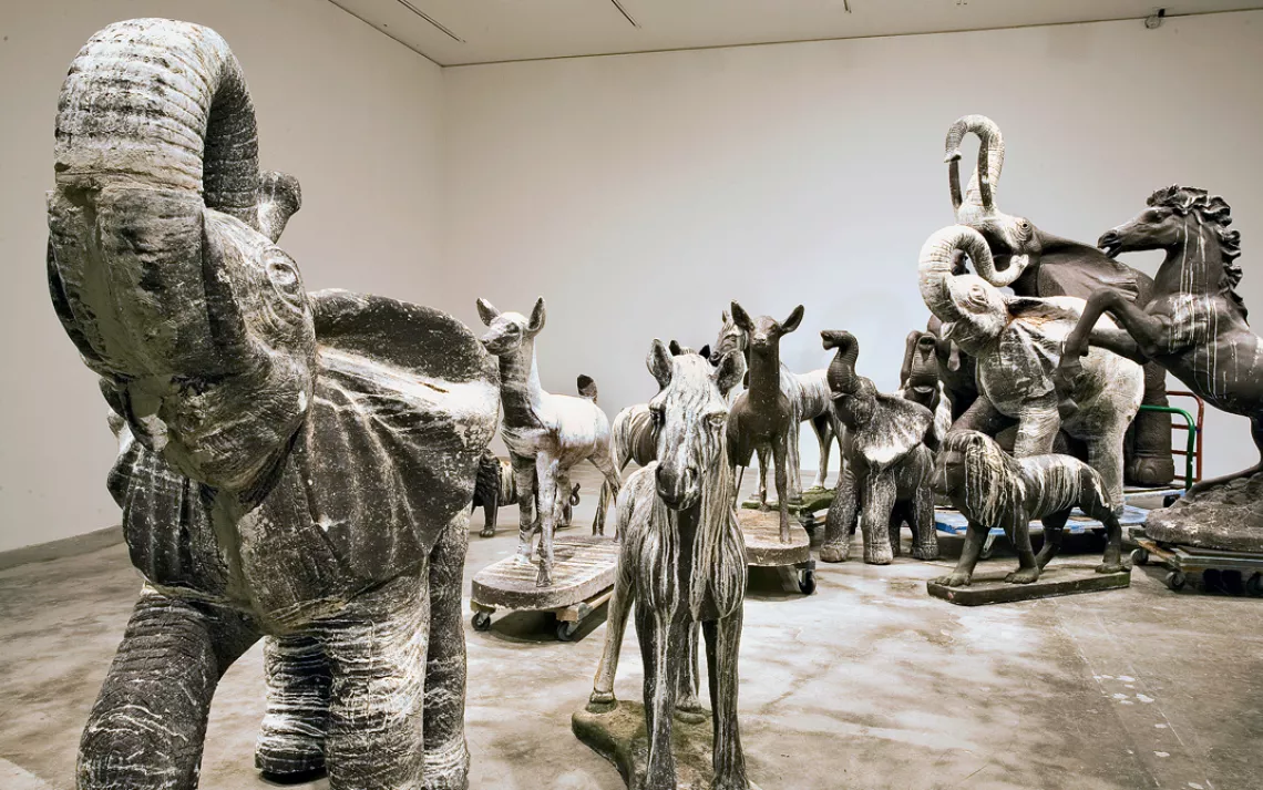  David Brooks, a professor at Maryland Institute College of Art, sculpted the animal figures in his Still Life With Stampede and Guano (2011) from concrete and a faux bronze surface, then left them out in a Florida Keys wildlife center for seabirds to dec