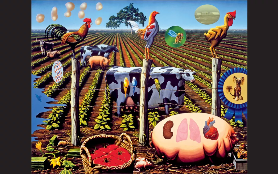  Alexis Rockman, whose works have been featured at the Smithsonian American Art Museum, painted The Farm (2000) in oil and acrylic on a 96-by-120-inch wood panel. It's part of a series called  "Wonderful World." 