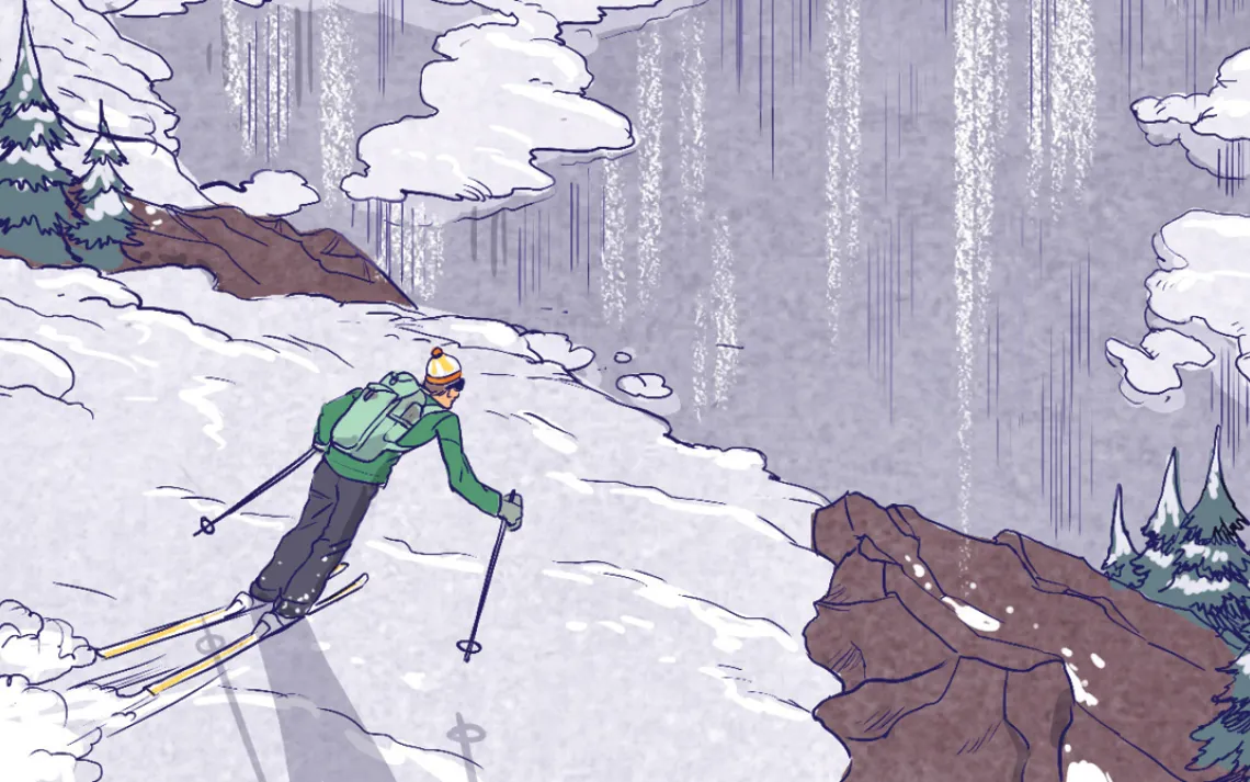 I was skiing above the lake on a south-facing slope. I quickly realized that the snow was too wet and loose to ski on, so I straight-lined toward the lake, which looked snow-covered and frozen.