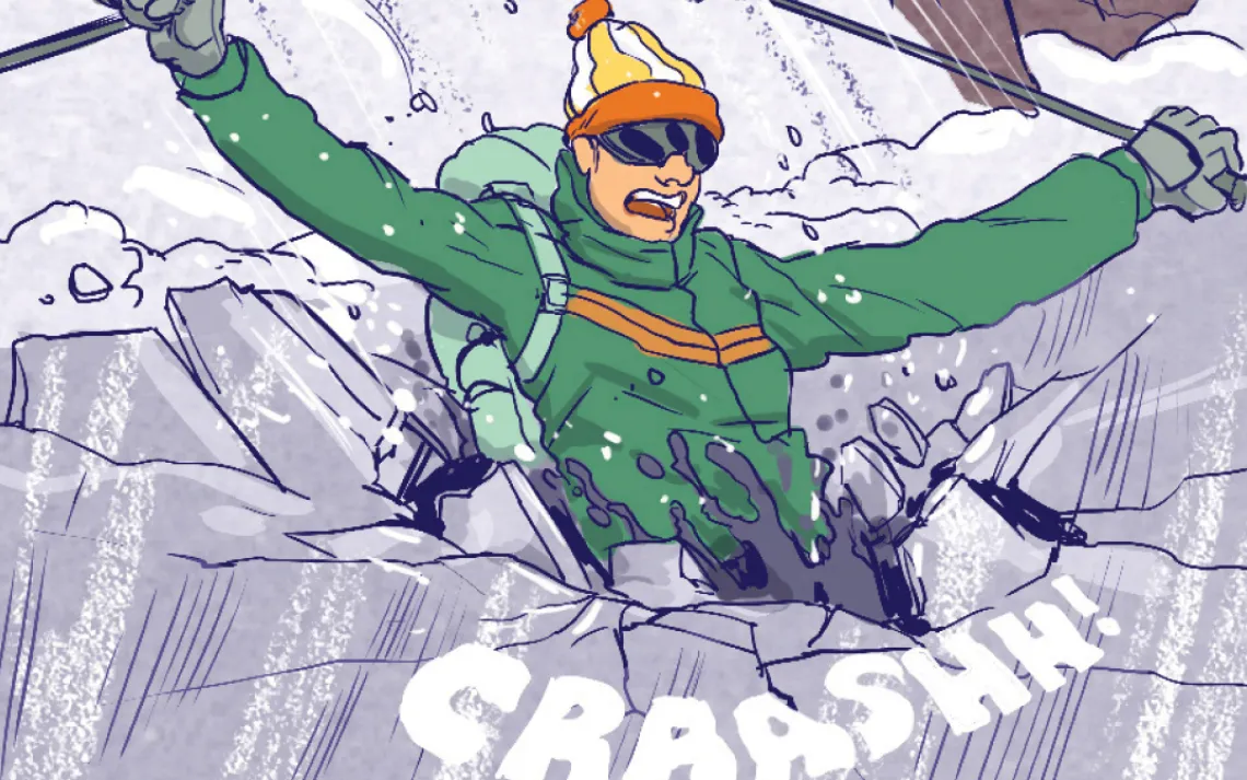 Right before I hit the lake, I saw that the ice wasn't as solid as I'd thought. My skis broke through. I extended my arms and poles, catching myself on the edge of the hole.