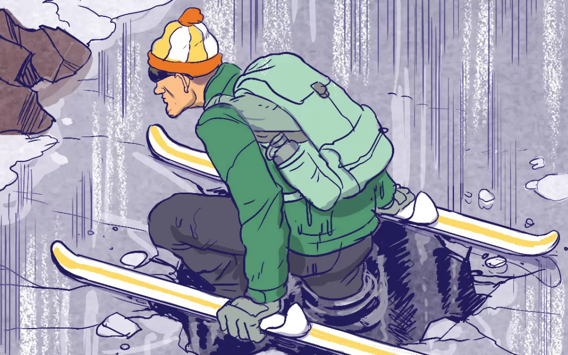 I was taking an EMT course at the time. The instructor had told us that the common element in drownings is panic. So I stayed calm, released my skis one by one, and used them like bridges across the hole to hoist myself out.