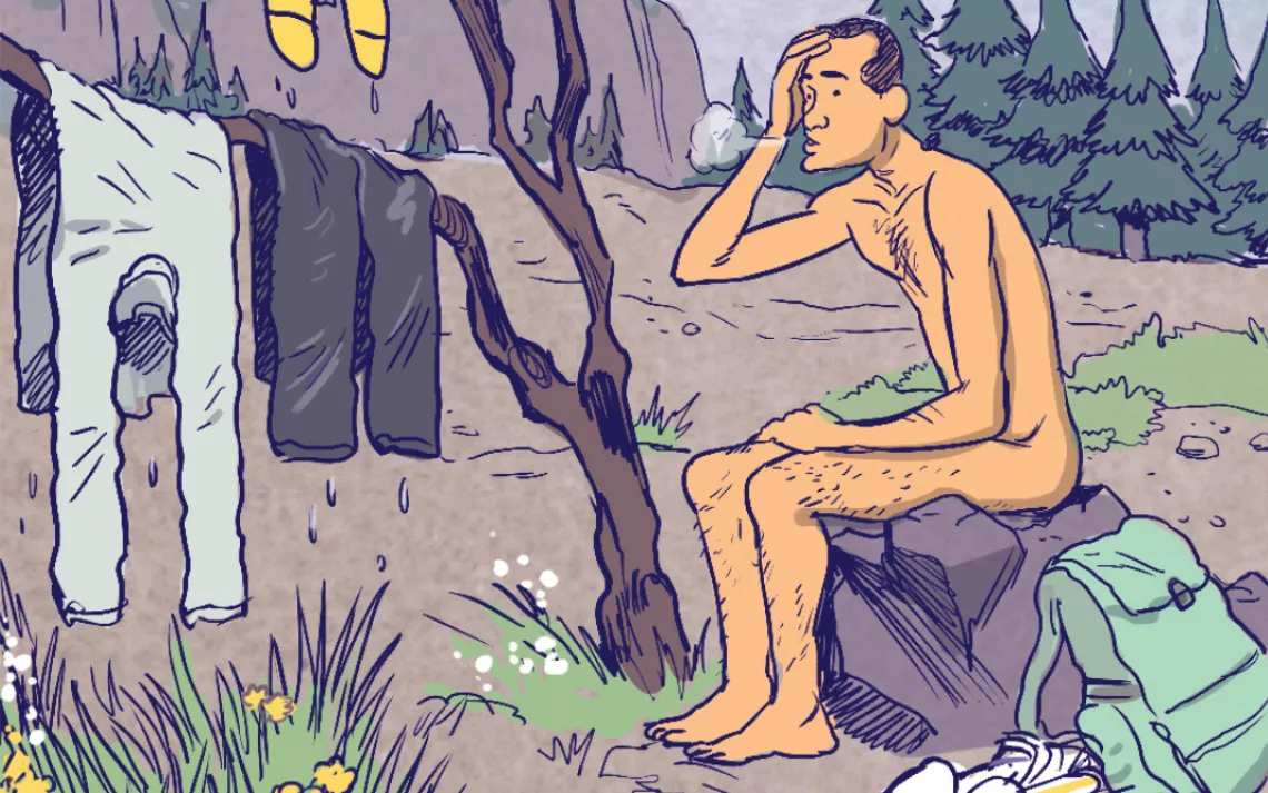 Once I was back on solid ice, I skied across a more frozen area of the lake and descended to the snow line, where I laid out all my clothes and gear to dry in the sun. I hiked out to my car before nightfall.