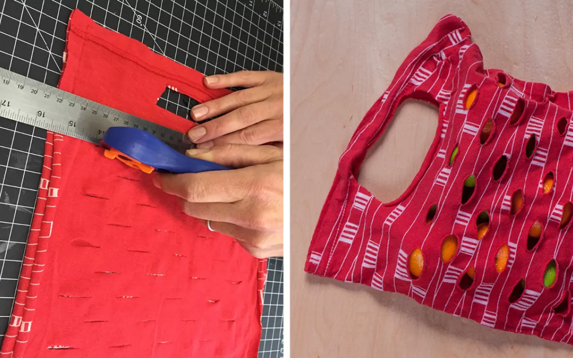 Starting about an inch down from the handle, make randomly spaced, one-inch slits all over the bag (If you cross the seams, make them a half inch long).  If you want to be more precise, measure out and draw marks first.
