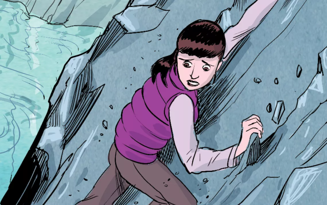 I started to climb the cliff, but it was made of crumbling rock with precarious handholds. Then the route came to a dead end, and I had to back down.