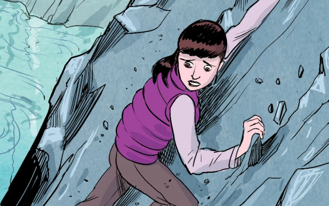 I started to climb the cliff, but it was made of crumbling rock with precarious handholds. Then the route came to a dead end, and I had to back down.