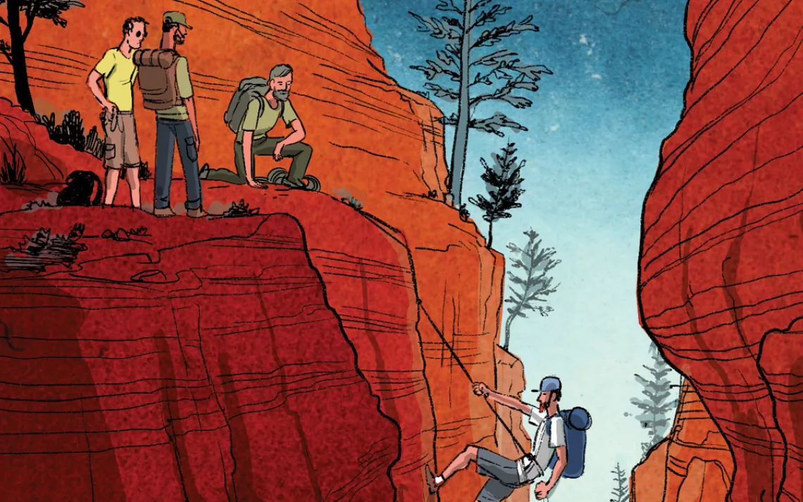 Behunin ends high above Zion's main canyon, requiring two rappels down Nearly 300 feet of rock to reach the bottom. It began to rain harder, but we still felt no sense of urgency.