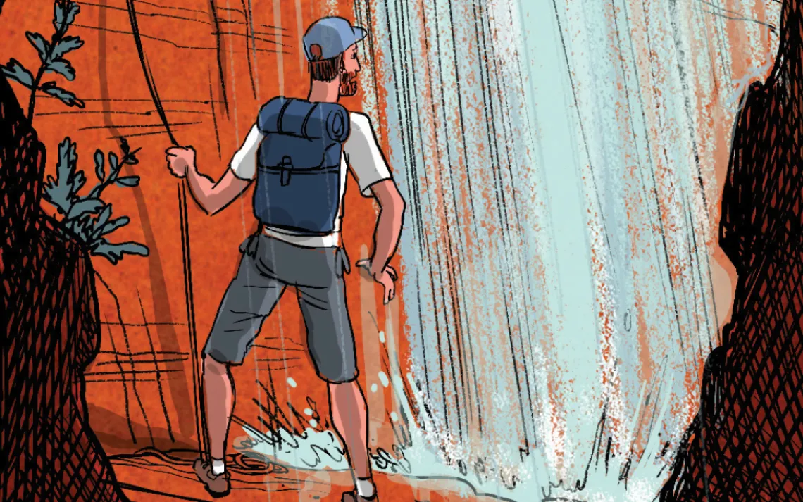 I made it down, but then There was a dull rushing sound, and a blast of water came pouring  down — A flash flood. If the others didn't descend immediately, they'd be swept off a  165-foot cliff. 