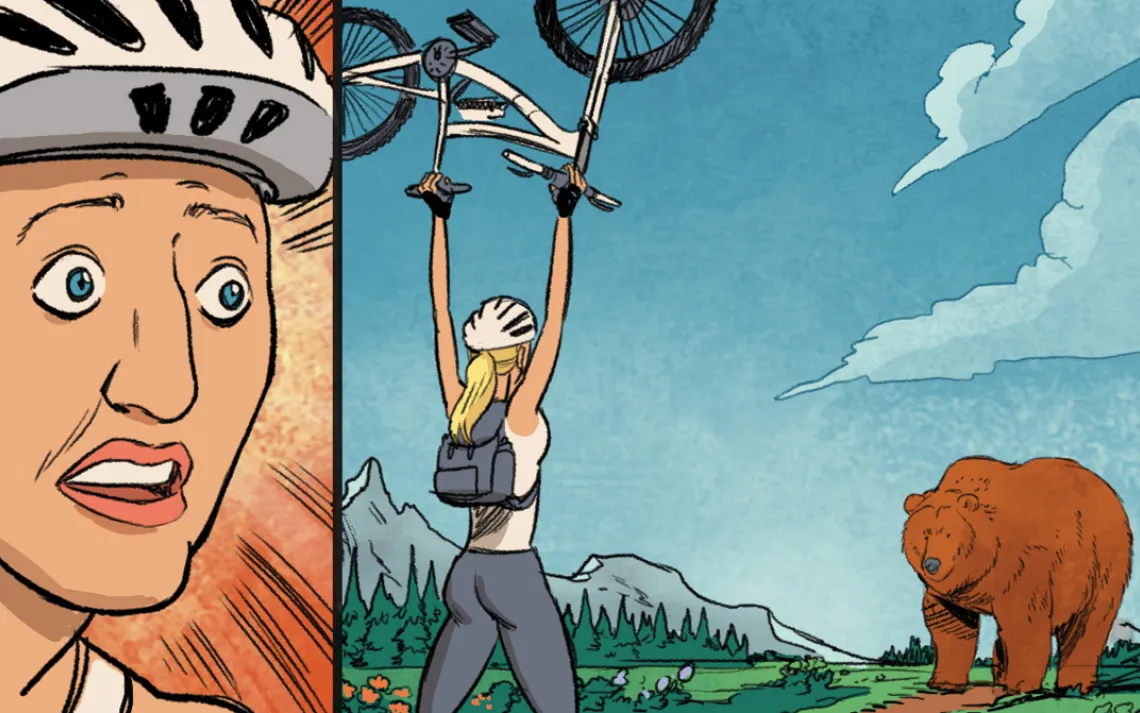 After half an hour, I rolled around a blind corner and saw a bear about 100 feet down the trail. It must have been the size of a Volkswagen Beetle. It swung its head around to face me. Knowing better than To flee like prey, I jumped off my bike and hoiste