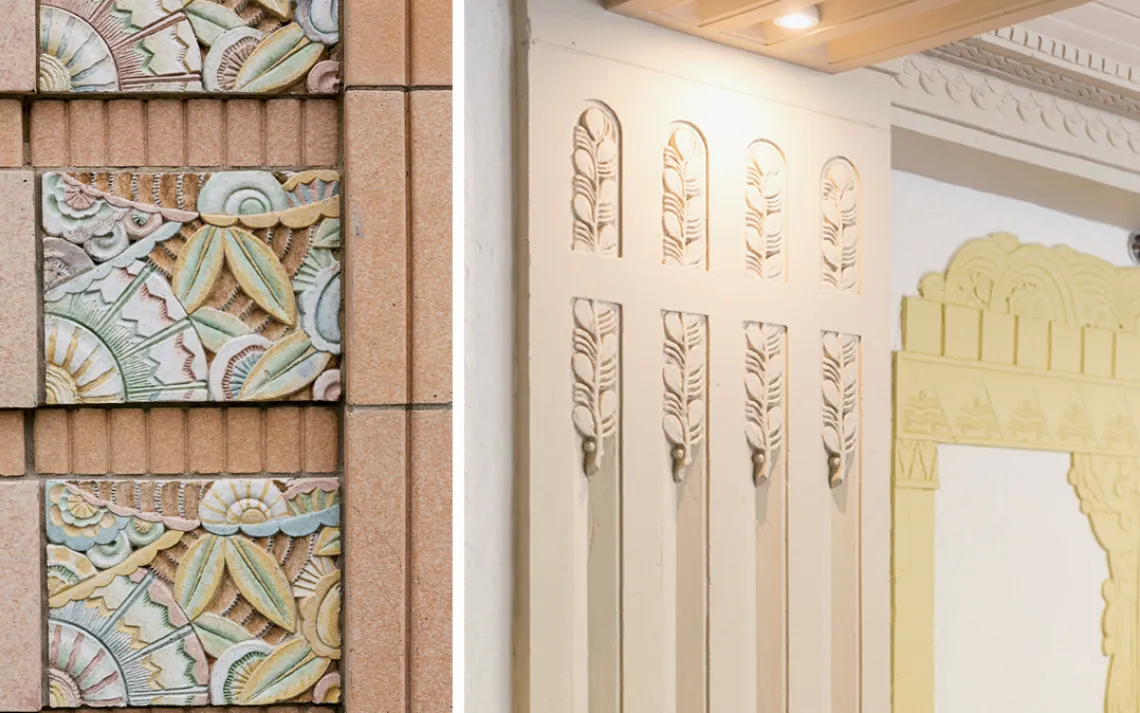 Restored plaster arch looking into historic lobby
