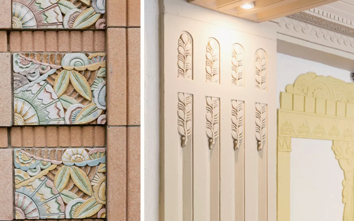 Restored plaster arch looking into historic lobby