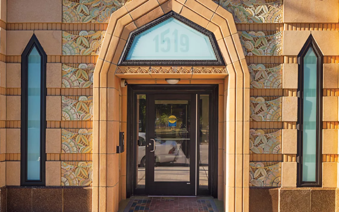 Detail of restored plaster detailing in the historic lobby