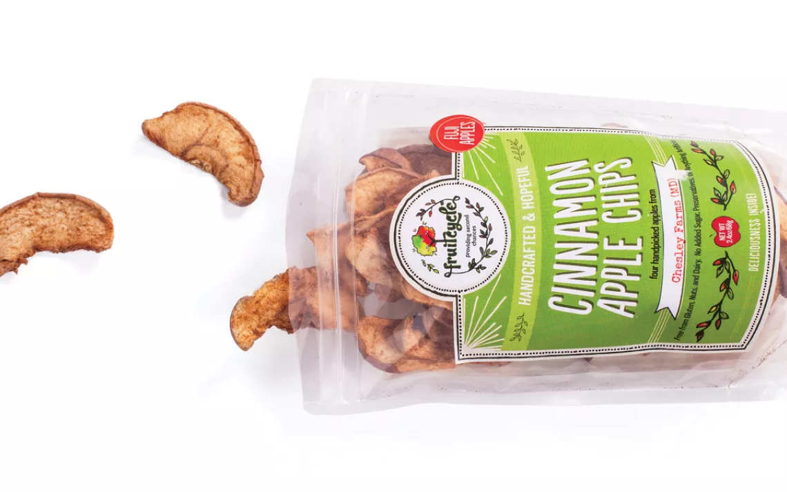 Fruitcycle uses cast-off apples to make its Handcrafted & Hopeful cinnamon apple chips.