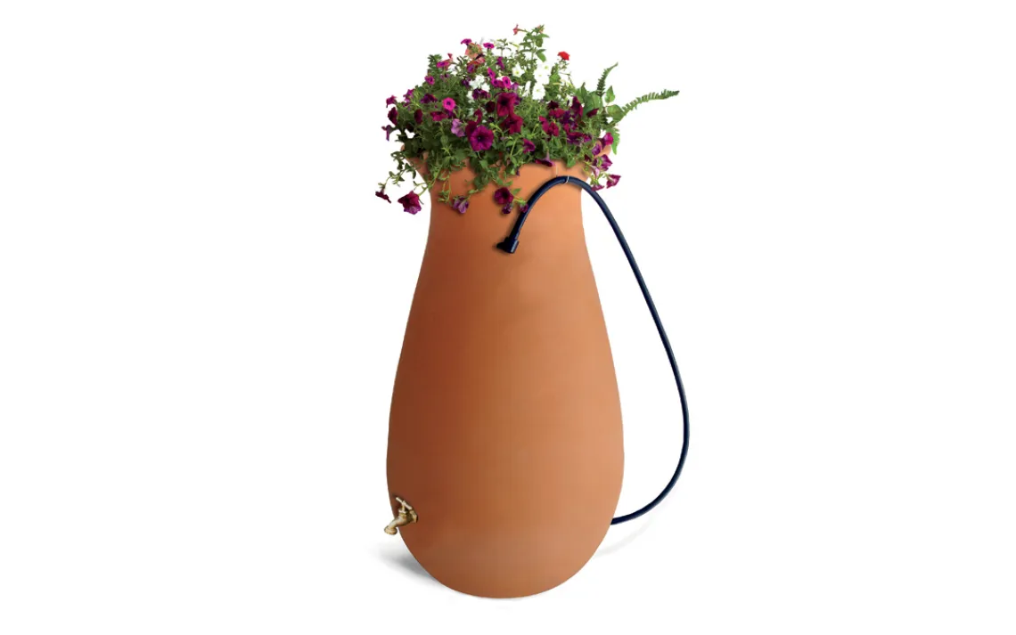 The Cascata rain barrel from Algreen Products holds 65 gallons and doubles as a planter.
