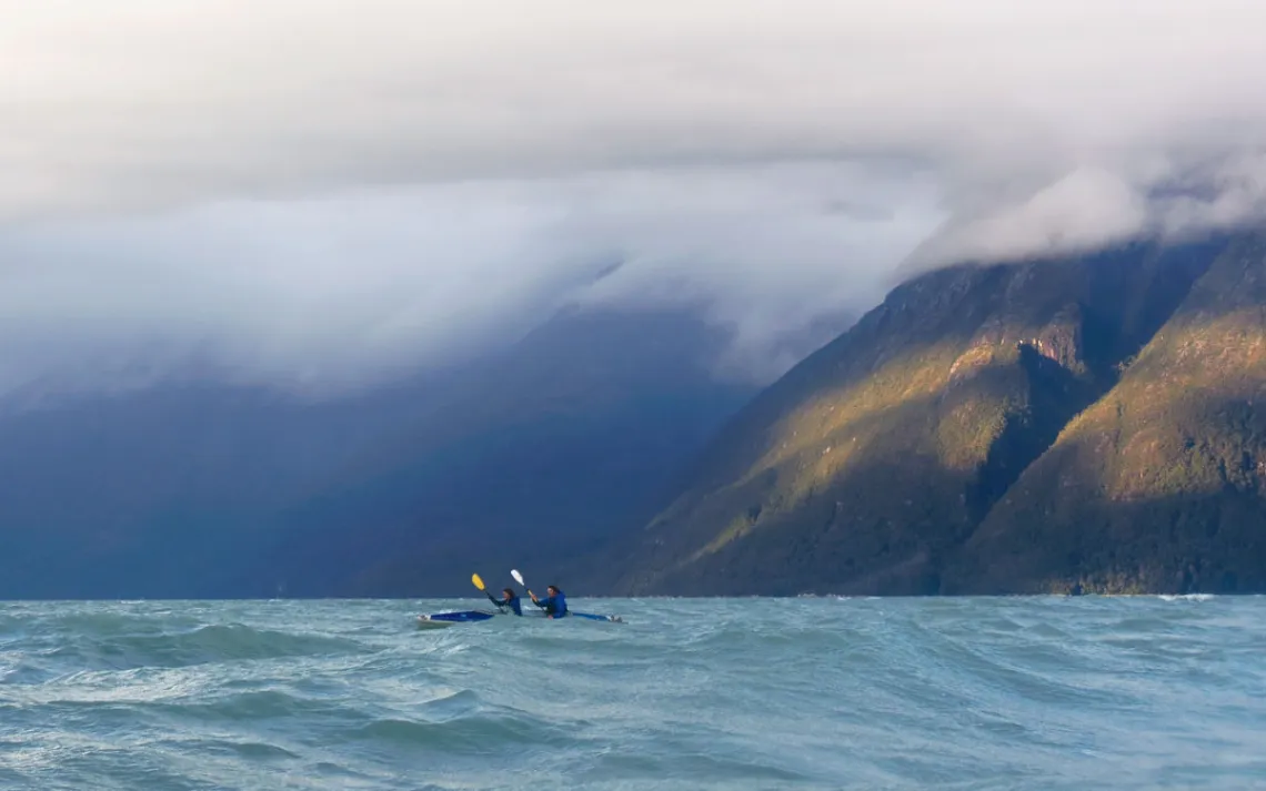 Diana Saverin and Weston Boyles made the turn around Glacier Point in turbulent seas. 