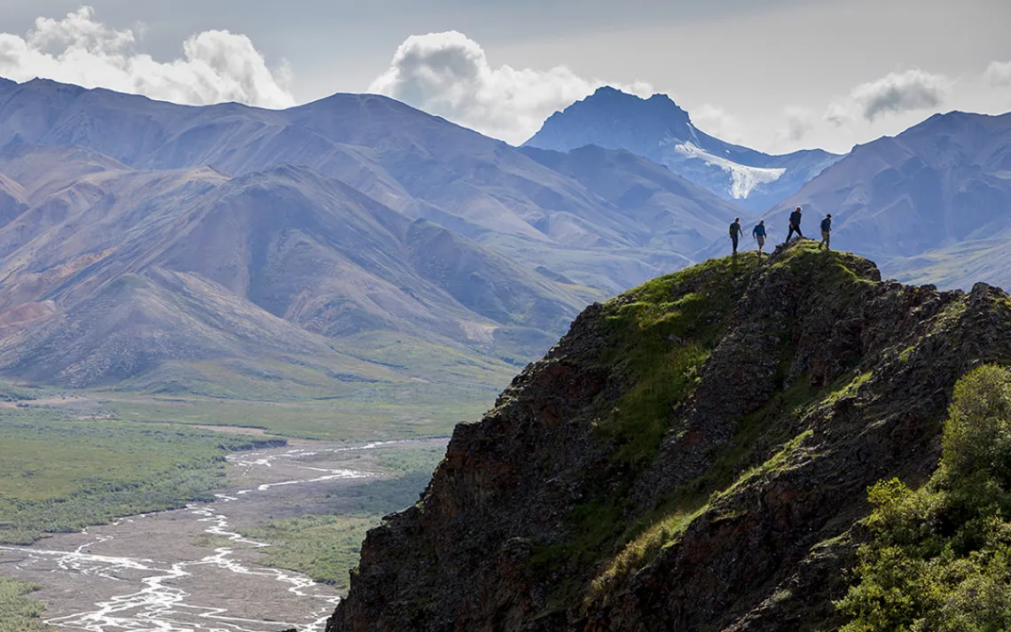 Hikers near Polychrome Pass in Denali National Park, Alaska