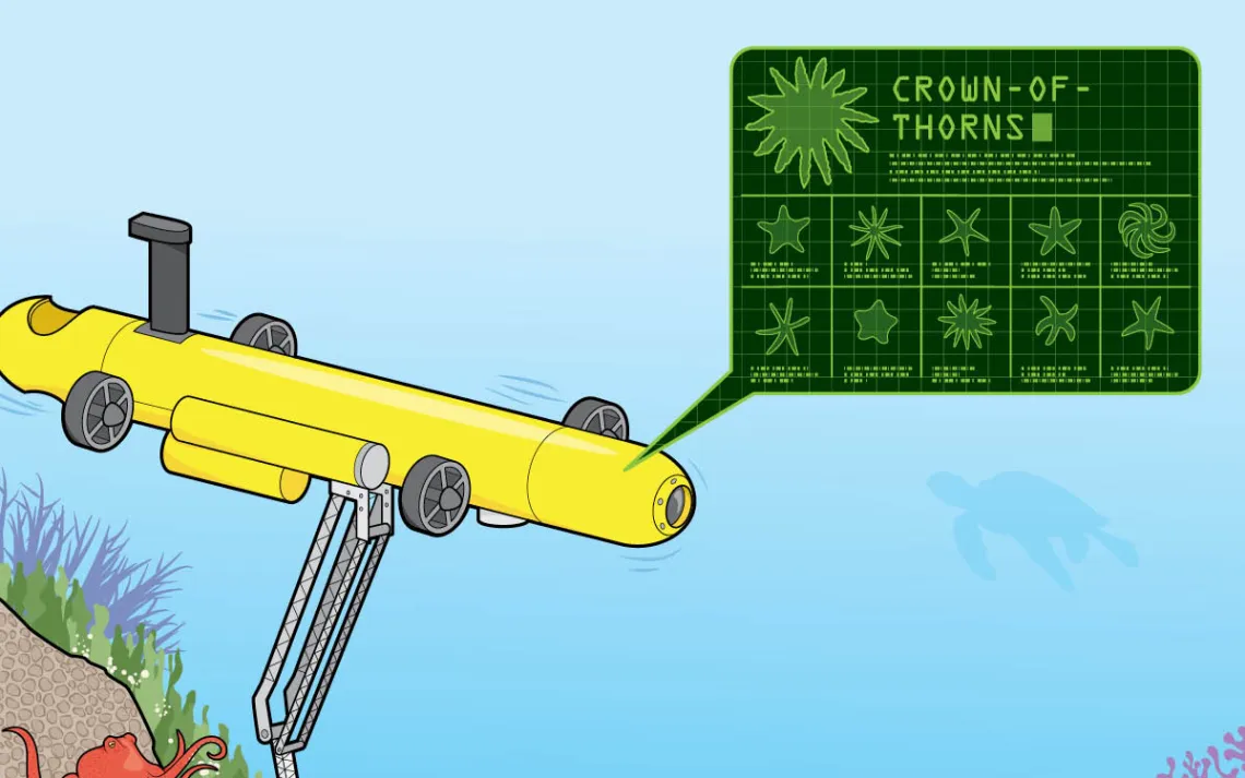 The sub's cameras scan the reef, and its computer vision software autonomously identifies targets.