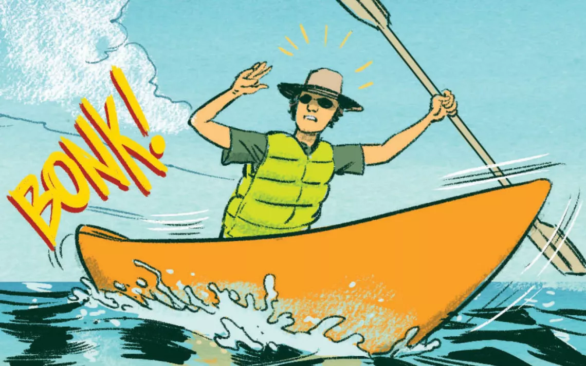 We carefully timed our passage through the islands in the village group to catch the current. All was going well until Evan hit something hard.