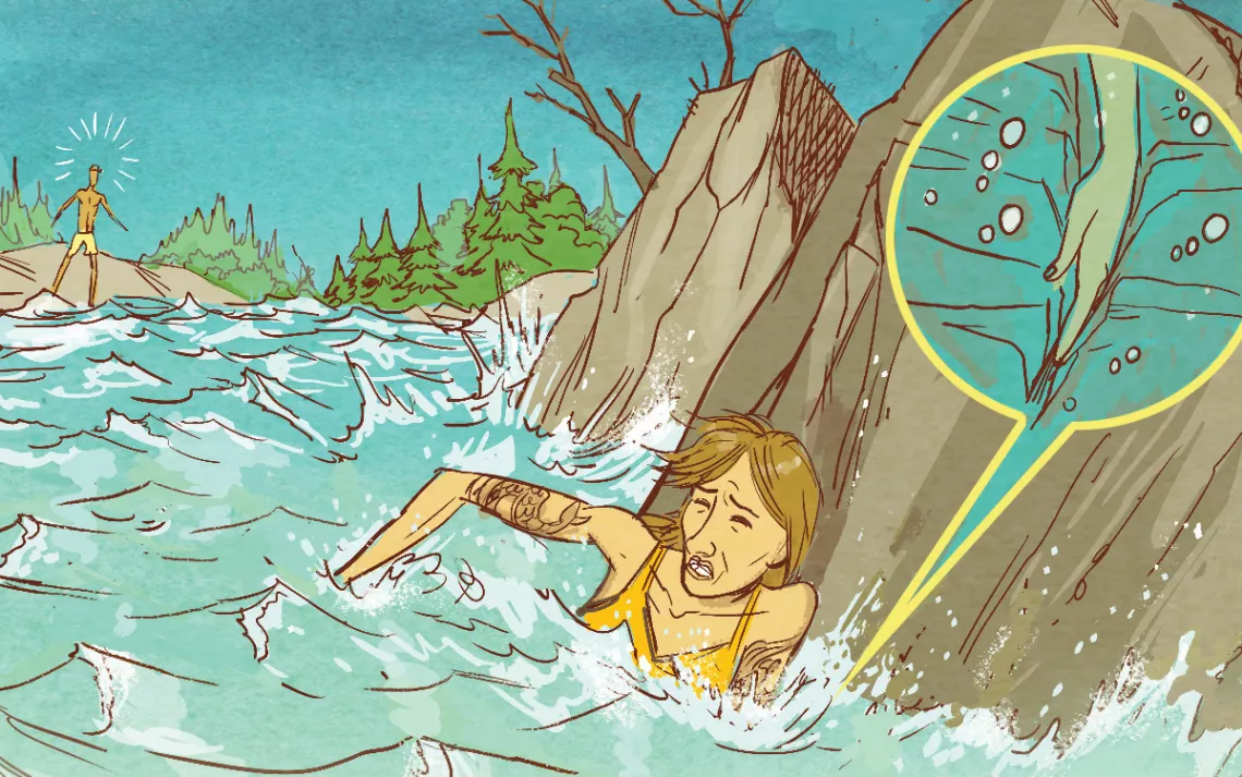 I started swimming back. The current slammed me into a boulder, beyond which was 100 yards of whitewater. I jammed my hand between two rocks for a solid hold.